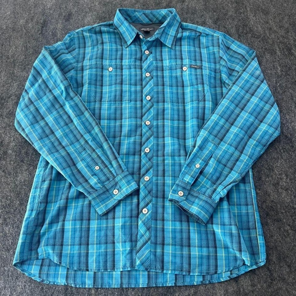 Eddie Bauer Mens Large Tall Blue Green Plaid‎ Button Down Shirt Hiking Fishing
